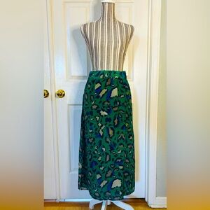 Anthropologie’s Vanessa Virginia Silk Green Leopard Print Maxi Skirt w Pockets